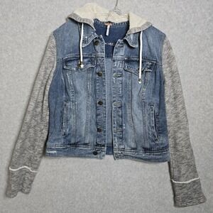 Free People Women's Sz M Denim Jacket Grunge Hoodie Distressed Gray Knit Sleeves